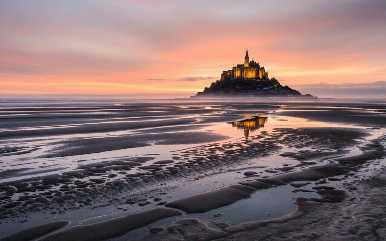 Vue panoramique de la baie du Mont-Saint-Michel au coucher du soleil, avec les vasières et la silhouette du patrimoine historique baignant dans une lumière dorée.