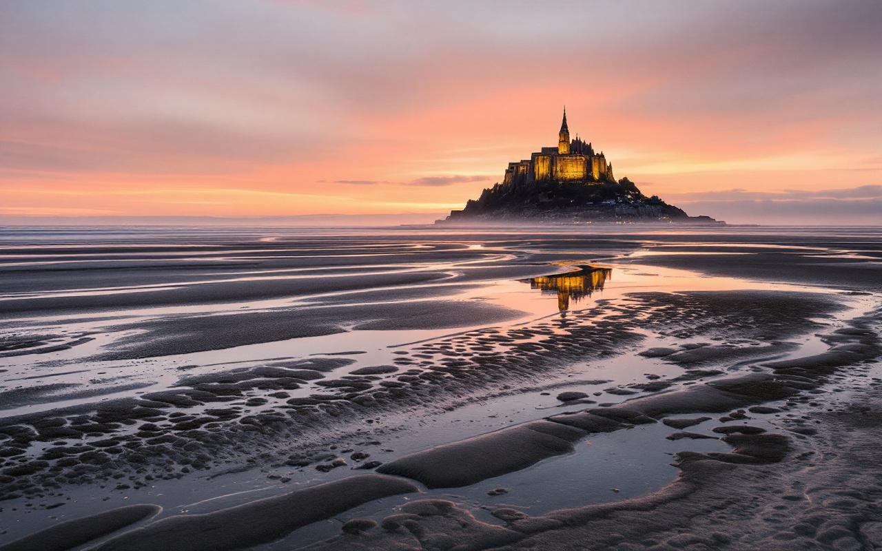 Vue panoramique de la baie du Mont-Saint-Michel au coucher du soleil, avec les vasières et la silhouette du patrimoine historique baignant dans une lumière dorée.