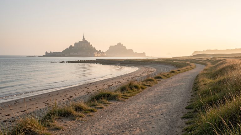 Vue panoramique de la baie du Mont-Saint-Michel depuis le sentier côtier, sous une lumière dorée, avec une ambiance paisible et naturelle.