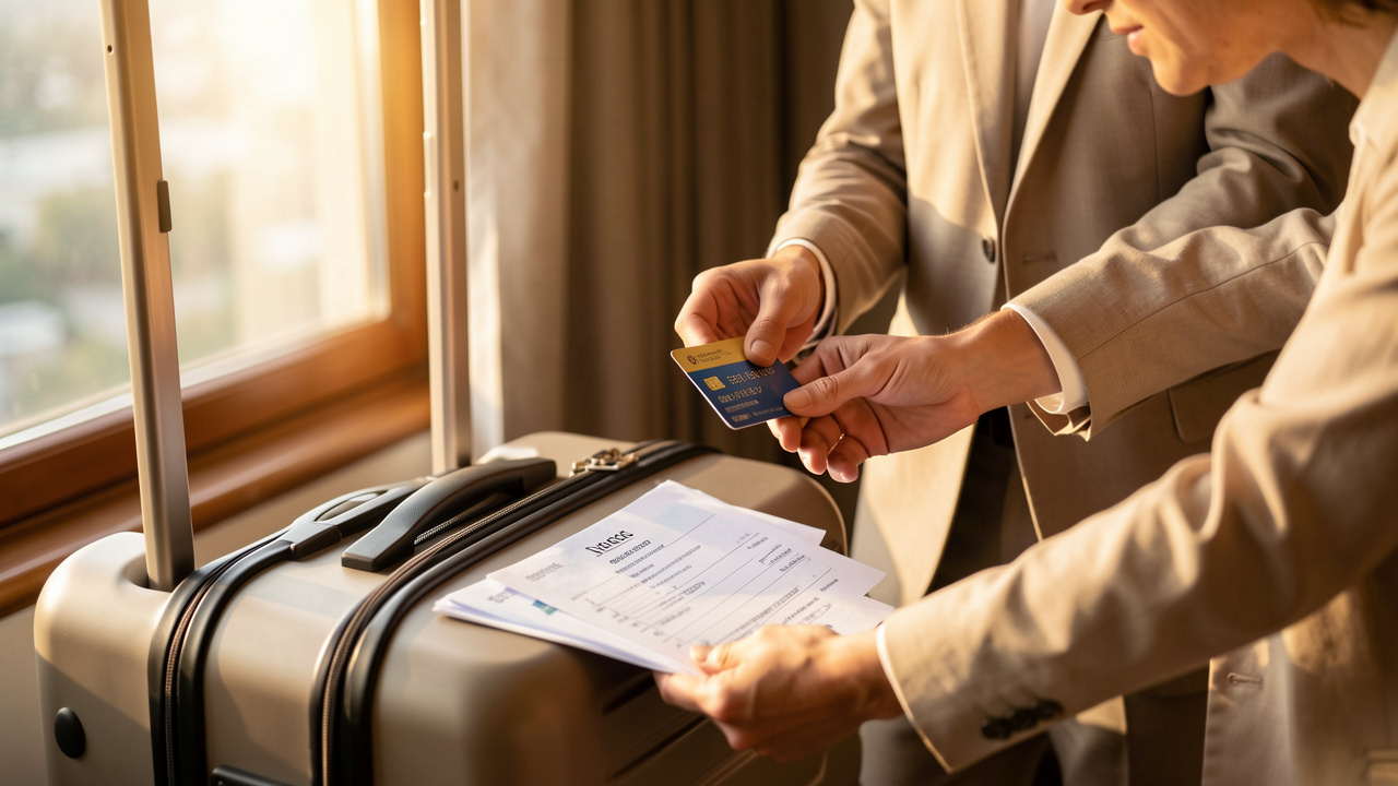 Un couple élégant prépare un voyage haut de gamme près d’une valise chic, avec des cartes et des documents de voyage, sous une lumière du soleil chaleureuse et naturelle.