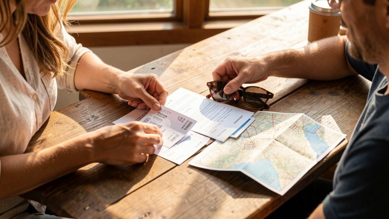 Un couple prépare un voyage d’été sur une table en disposant passeports, billets, lunettes de soleil et une carte.