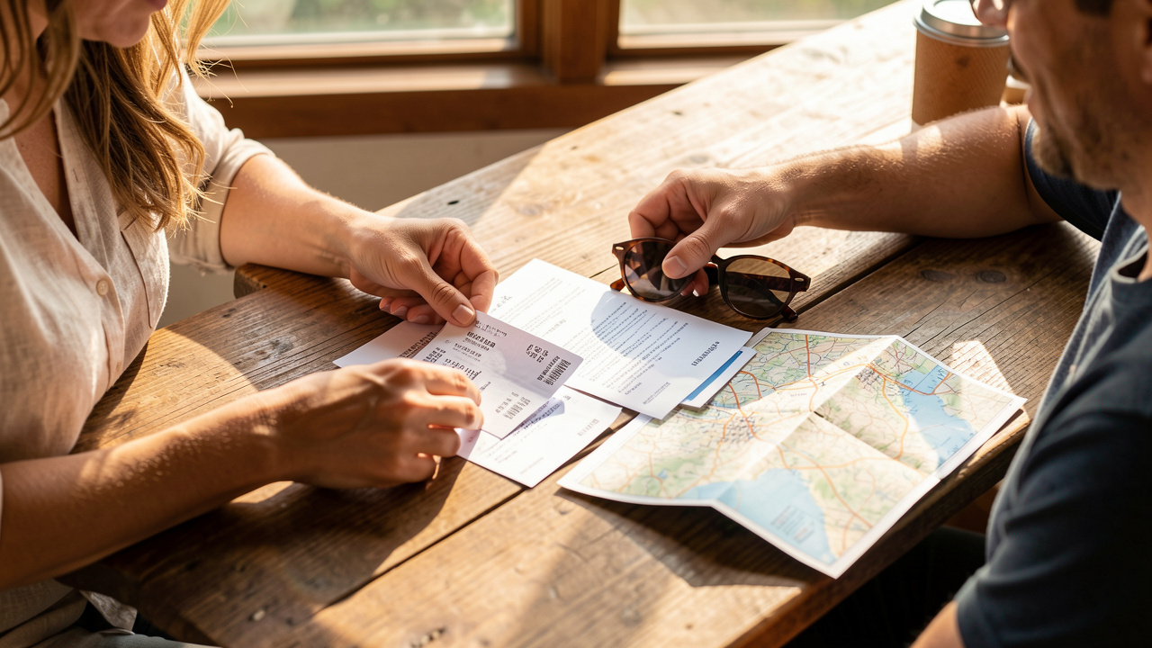 Un couple prépare un voyage d’été sur une table en disposant passeports, billets, lunettes de soleil et une carte.