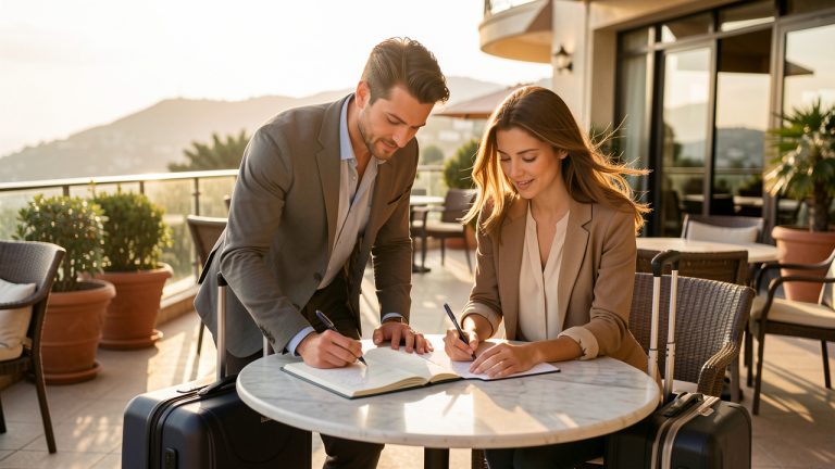 Un couple sur une terrasse d’hôtel raffinée prépare un voyage : valises à côté de la table et carnet ouvert sous le soleil.