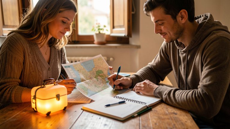 Un couple prépare un itinéraire de voyage en Italie autour d’une table, une carte et un carnet ouverts, tandis qu’une valise lumineuse diffuse une douce lumière.