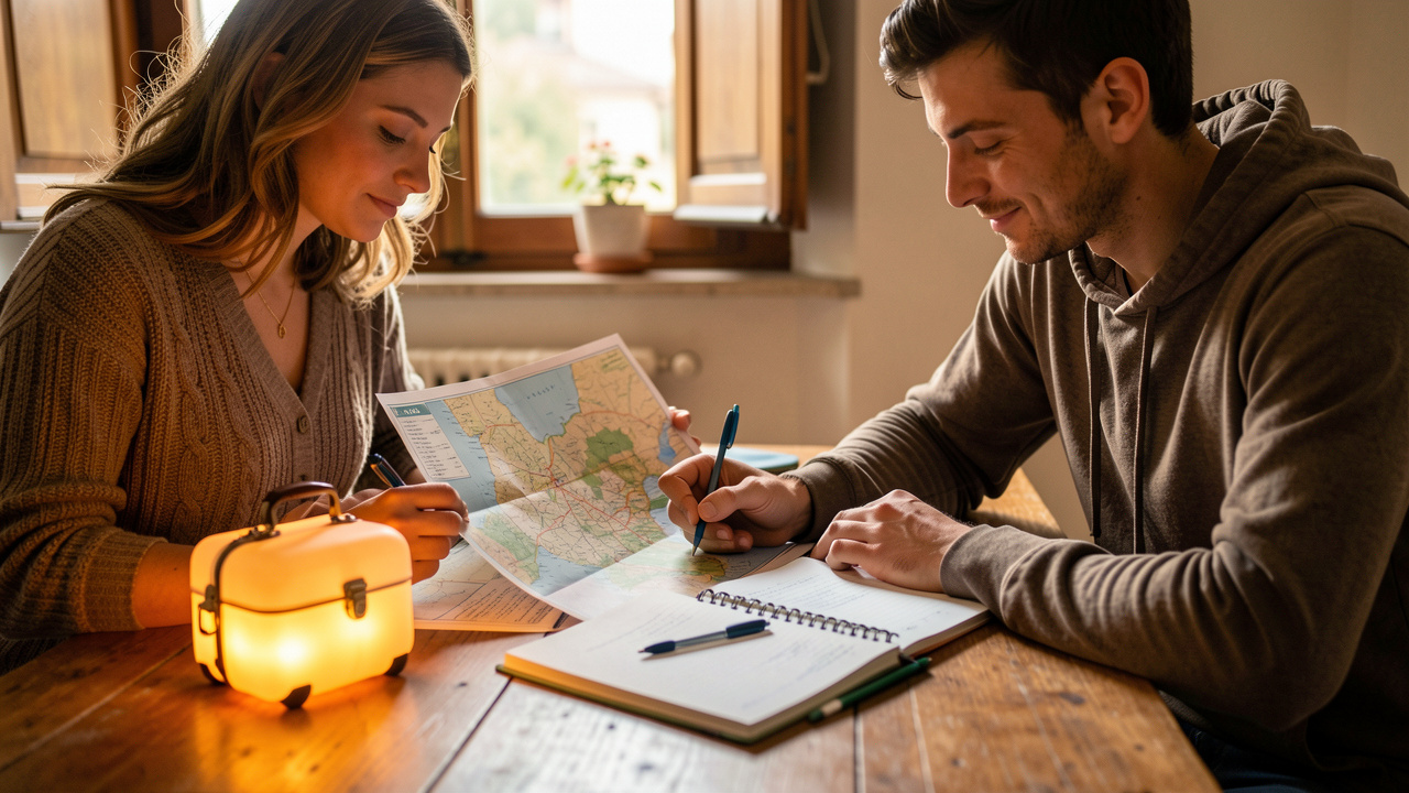 Un couple prépare un itinéraire de voyage en Italie autour d’une table, une carte et un carnet ouverts, tandis qu’une valise lumineuse diffuse une douce lumière.