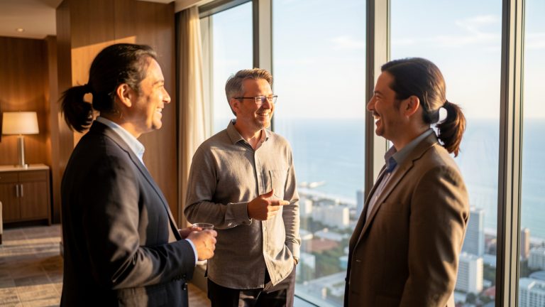 Trois collègues souriants discutent dans le hall d’un hôtel moderne, près d’une grande fenêtre donnant sur une vue lointaine sur la ville et la mer.