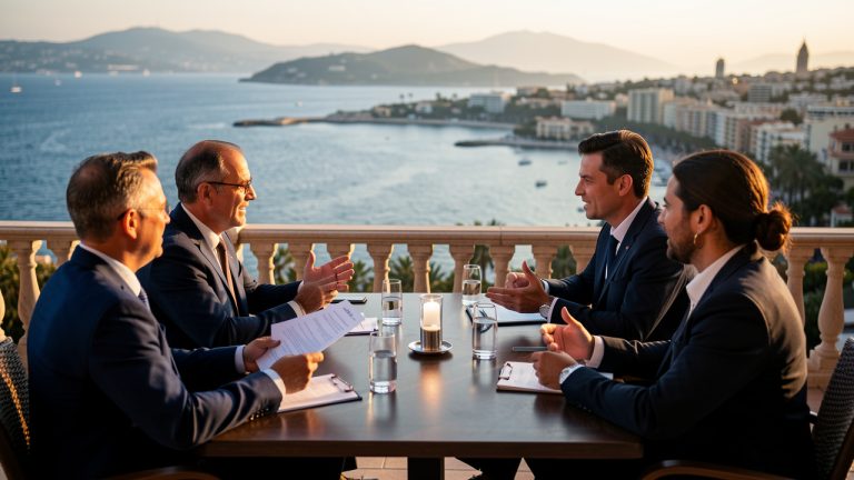 Groupe de collaborateurs en terrasse, assis autour d’une table, échangeant et observant une destination élégante au loin dans une ambiance de voyage d’affaires haut de gamme.