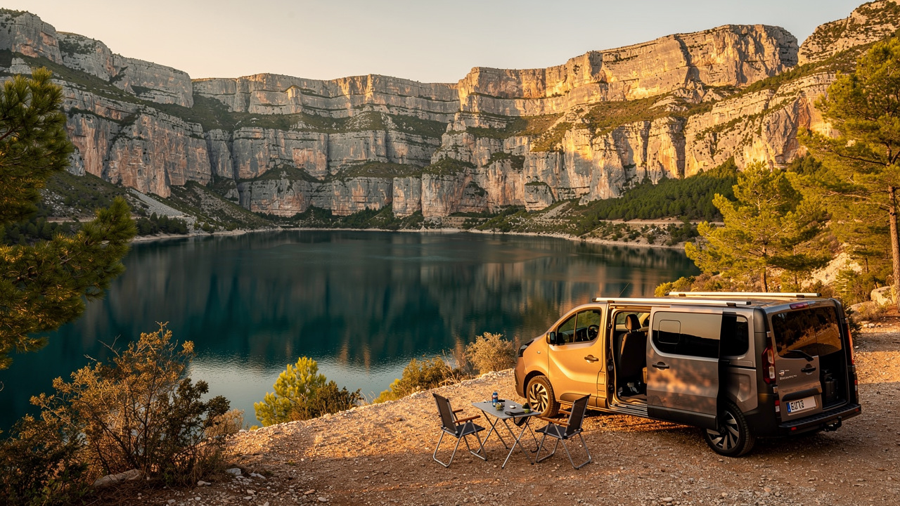 Vue panoramique du lac de Sainte-Croix et des falaises des gorges du Verdon, avec un van aménagé stationné sur une aire autorisée à la lumière dorée de fin de journée.
