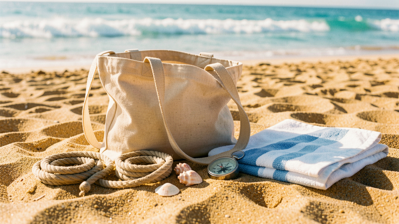 Sac de plage ouvert sur le sable avec des accessoires nautiques, coquillages et corde, mer turquoise et lumière estivale.