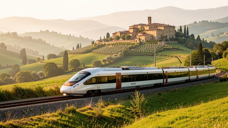 Train moderne traversant une campagne italienne verdoyante, avec des collines et un village historique en arrière-plan.