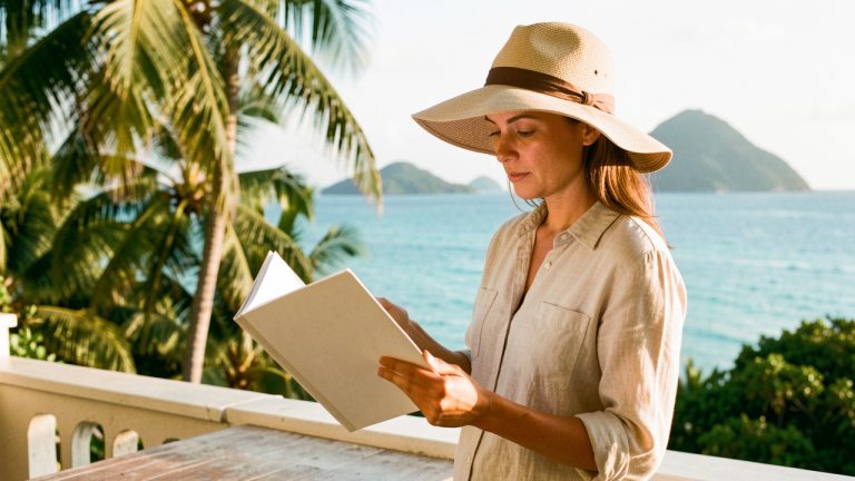 Une voyageuse consulte un dossier aux pages vierges sur une terrasse tropicale, face à une mer turquoise bordée de palmiers.