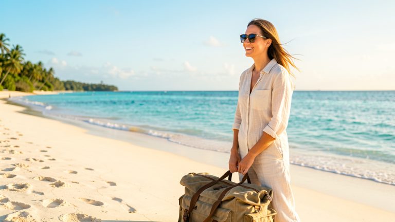 Une voyageuse portant des lunettes de soleil se tient sur une plage près de son sac de voyage, avec une eau turquoise en arrière-plan.