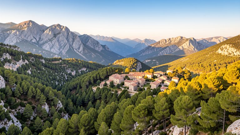 Panorama lumineux de l’Alta Rocca en Corse, avec un village en pierre entouré de forêts de pins et de montagnes granitiques.