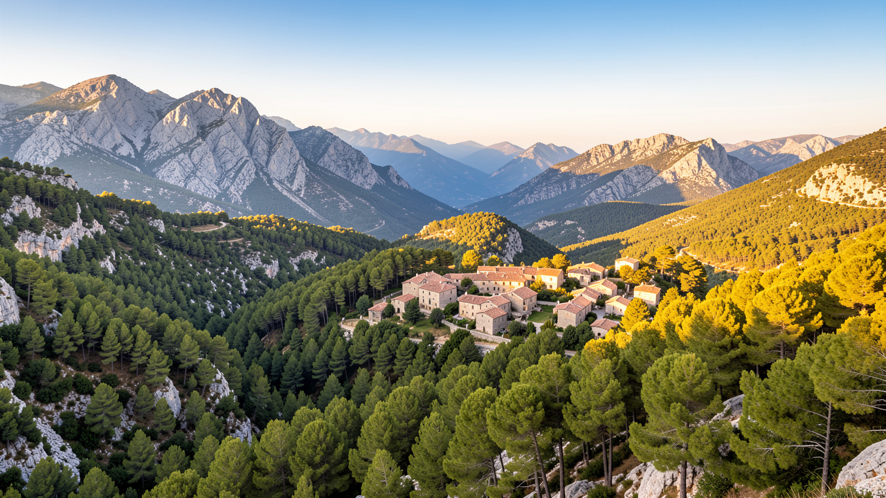 Panorama lumineux de l’Alta Rocca en Corse, avec un village en pierre entouré de forêts de pins et de montagnes granitiques.