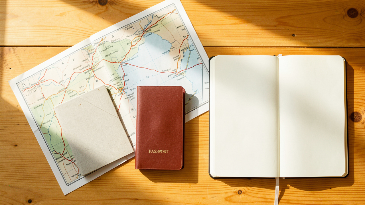 Nature morte lumineuse montrant une carte vierge du Maroc, un passeport fermé, un téléphone à écran vierge et un carnet ouvert sur une table en bois.