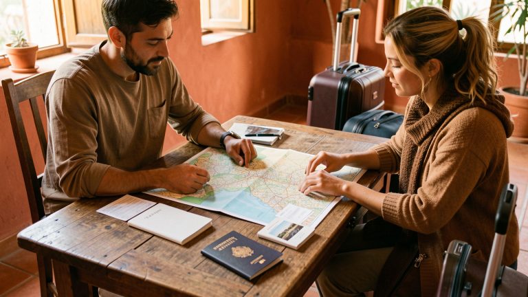 Un homme et une femme préparent un itinéraire de voyage au Maroc autour d’une table, avec une carte, des passeports, un guide sans inscriptions et des valises.