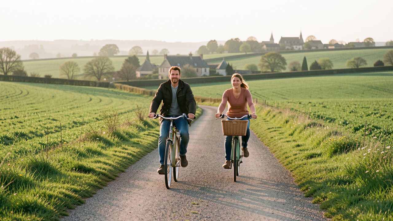 Un homme et une femme à vélo parcourent une route de campagne française entourée de paysages verdoyants, dans une lumière douce.