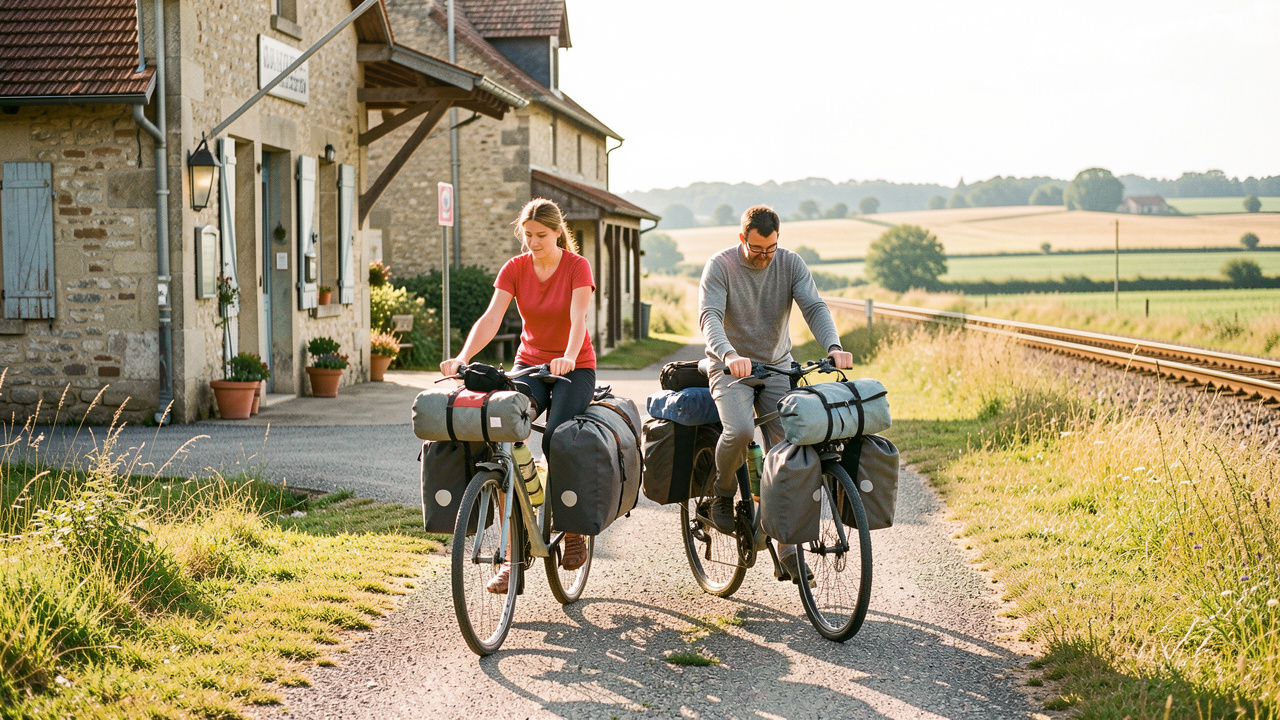 Trois voyageurs à vélo avec de légers bagages près d'une petite gare rurale française, dans un paysage lumineux et verdoyant.