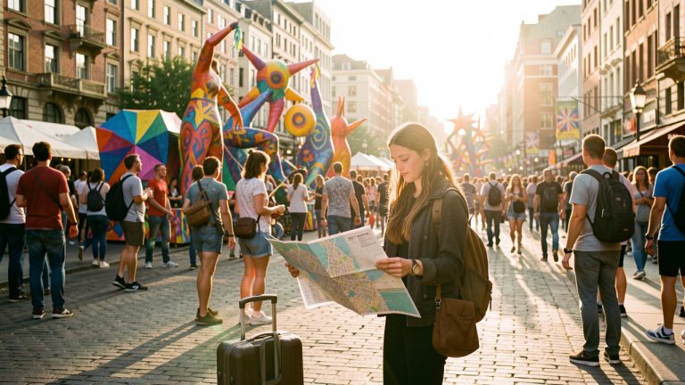 Une jeune voyageuse avec une valise consulte un plan de ville sans texte devant un grand festival culturel urbain animé et coloré.