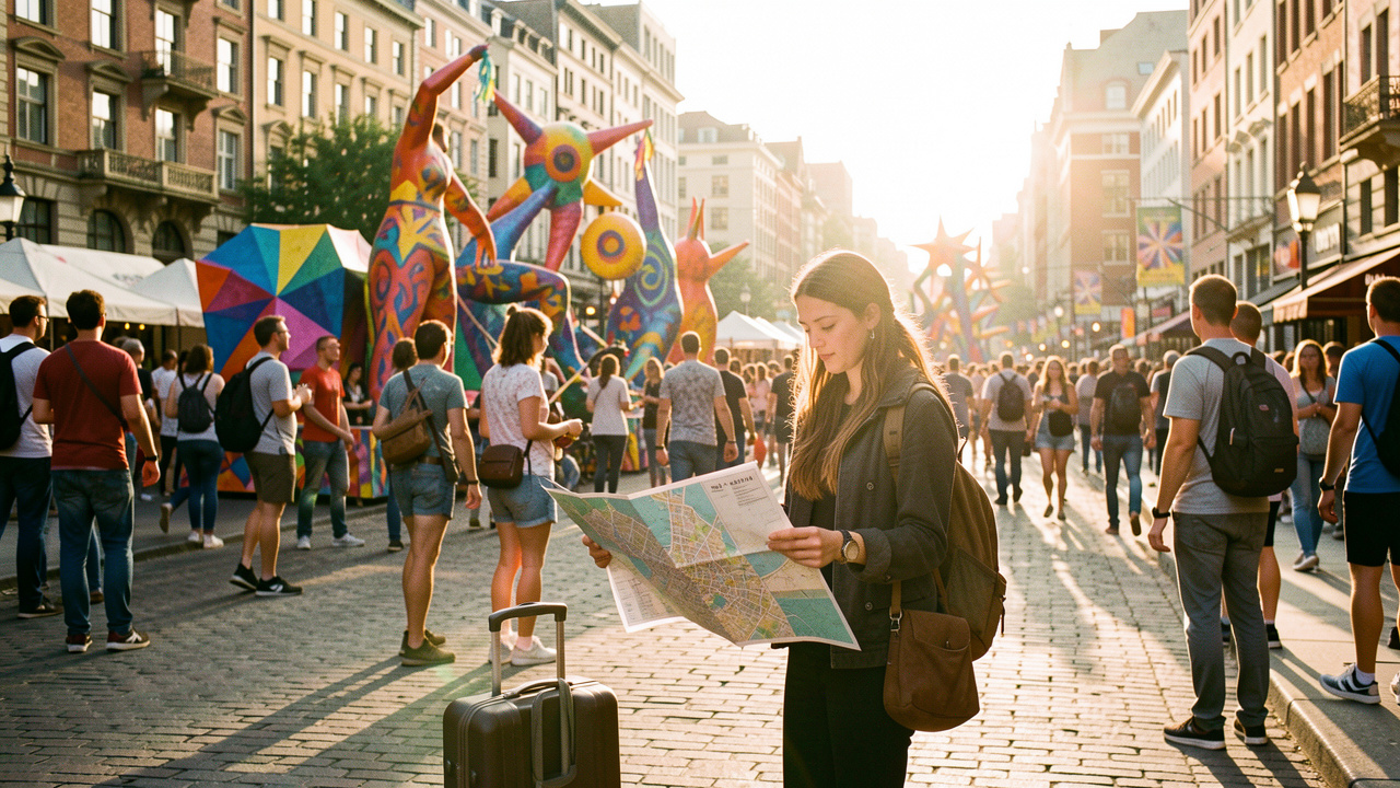 Une jeune voyageuse avec une valise consulte un plan de ville sans texte devant un grand festival culturel urbain animé et coloré.