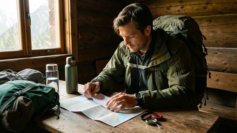 Un homme voyageur prépare une carte papier vierge, une boussole et du matériel de randonnée sur une table en bois rustique.