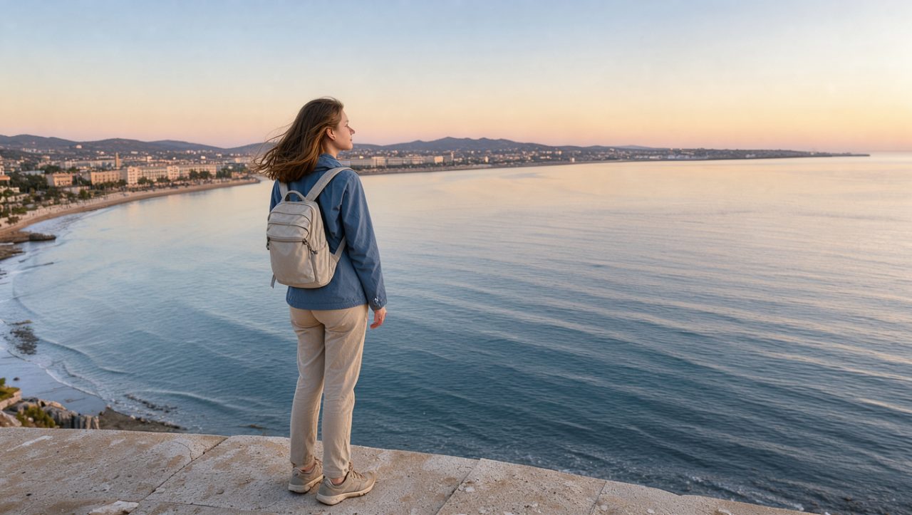 Une jeune voyageuse portant un sac léger contemple la baie de Palma de Majorque au lever du soleil, baignée d’une douce lumière méditerranéenne.