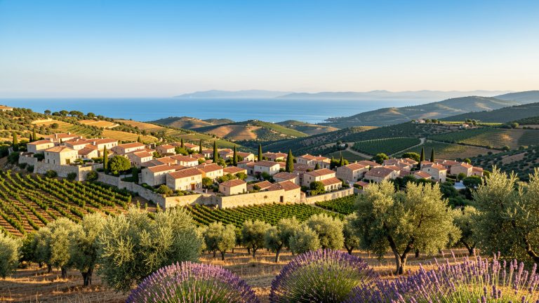 Vue panoramique du village de Ramatuelle perché sur les collines provençales, entouré de vignobles et dominant la mer Méditerranée au loin.