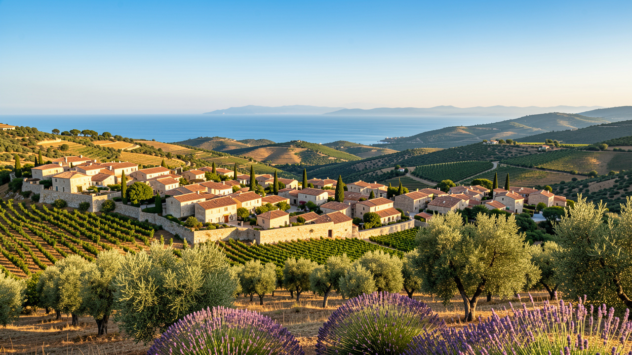Vue panoramique du village de Ramatuelle perché sur les collines provençales, entouré de vignobles et dominant la mer Méditerranée au loin.
